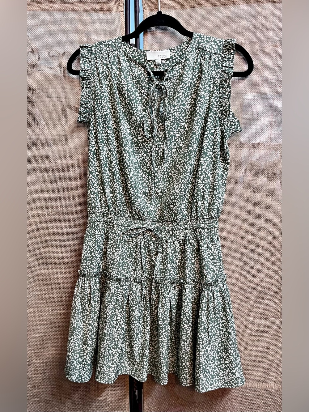 Pinch Green and White Feminine Boho Floral Tie-Neck Ruffle Dress